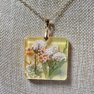 Dried Flower Square Pendant Necklace Orange White Flower 20"  Chain Artisan Made